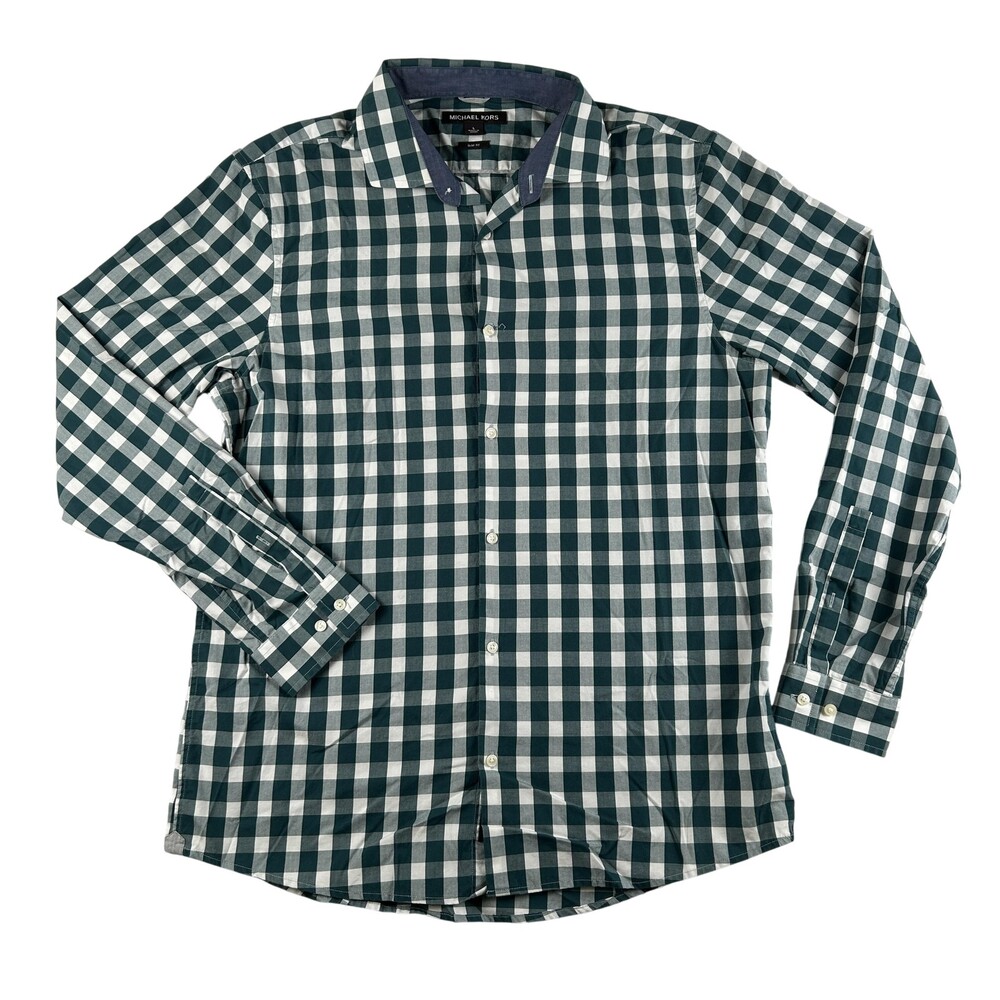 Michael Kors Dress Shirt Mens Large Green Gingham Slim Fit Cotton Long Sleeve